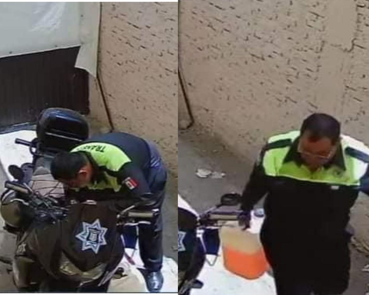 En las imágenes el elemento aparece uniformado y extrayendo la gasolina y en otra imagen aparece con un bidón lleno a medio llenar. (ESPECIAL)