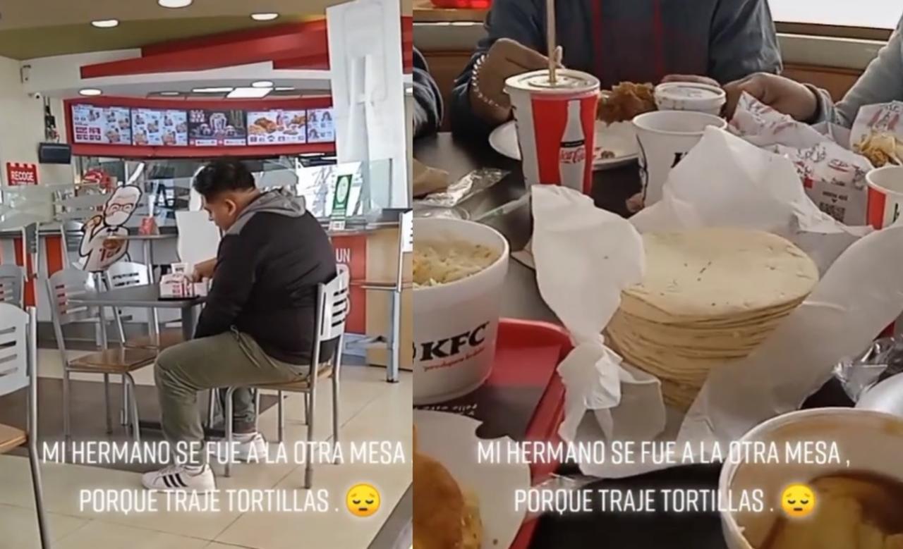 La imagen del joven comiendo lejos de su familia porque 'se avergonzó' de ellos por comer tortillas en el restaurante, se volvió viral en redes (CAPTURA)
