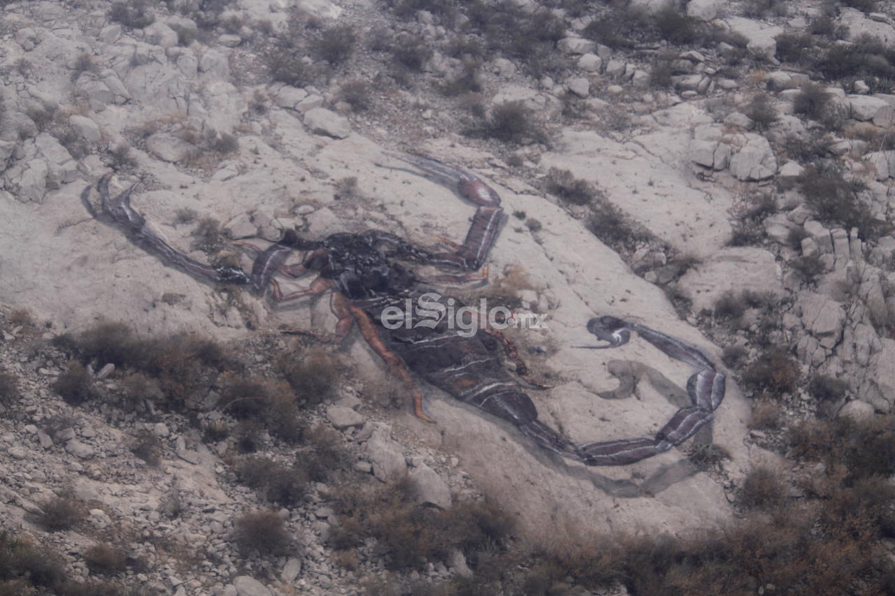 El enorme escorpión se ubica en las faldas del Cerro de las Noas y puede apreciarse a detalle durante el recorrido de la Ruta del Teleférico (EL SIGLO DE TORREÓN/VERÓNICA RIVERA)