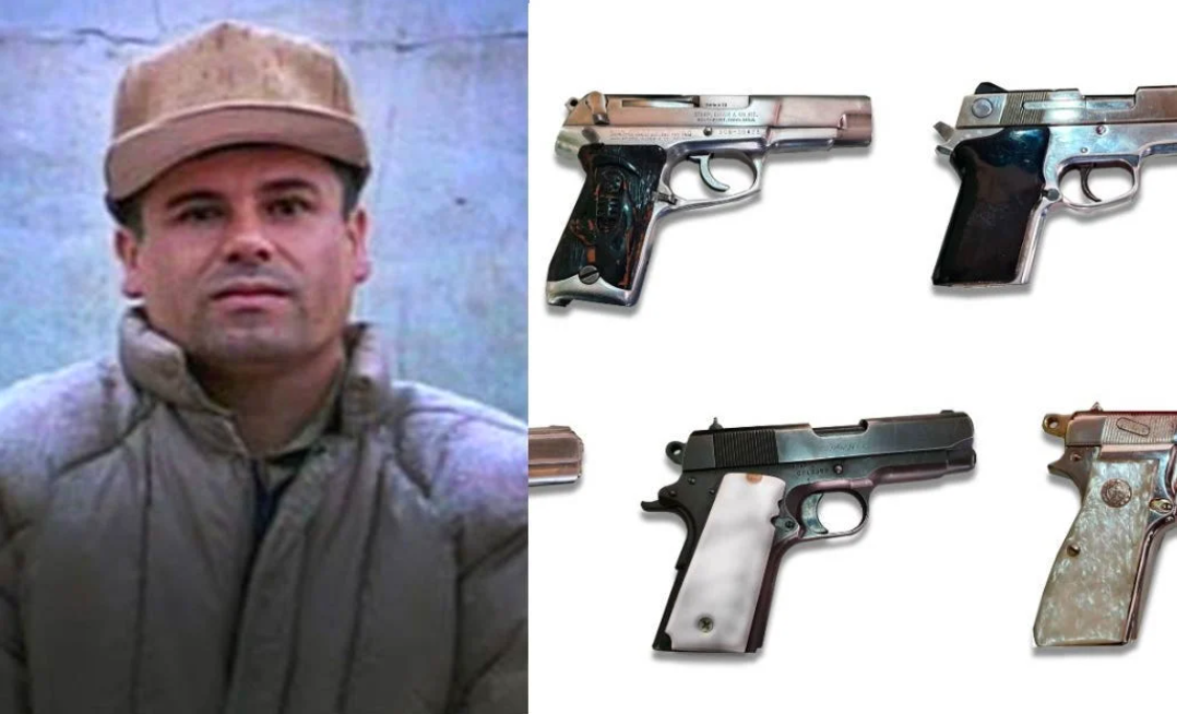 Destacan dos pistolas, una con canchas con la imagen de Joaquín Guzmán Loera 'El Chapo'. (ESPECIAL)