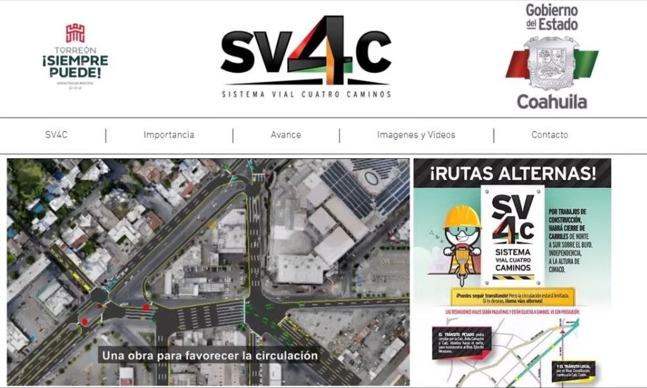 Está disponible ya la página informativa de la obra del Sistema Vial 4 Caminos en Torreón, se trata de sv4c.mx.