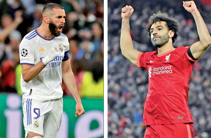 Los atacantes Karim Benzema (i) y Mohamed Salah tratarán de marcar diferencia para sus equipos, en la final de la Champions League entre Real Madrid y Liverpool.