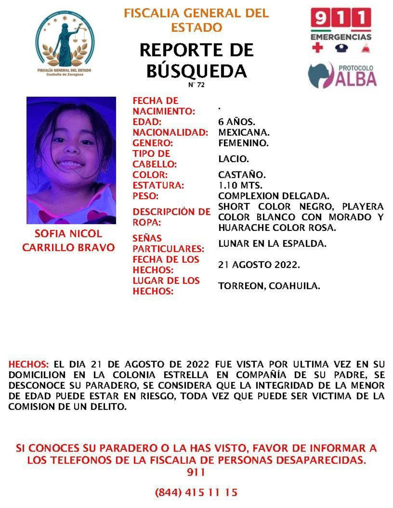 La pequeña Sofía Nicol, de seis años de edad, fue vista por última vez el 21 de agosto junto a su padre Sergio N, en la col0nia Estrella.
