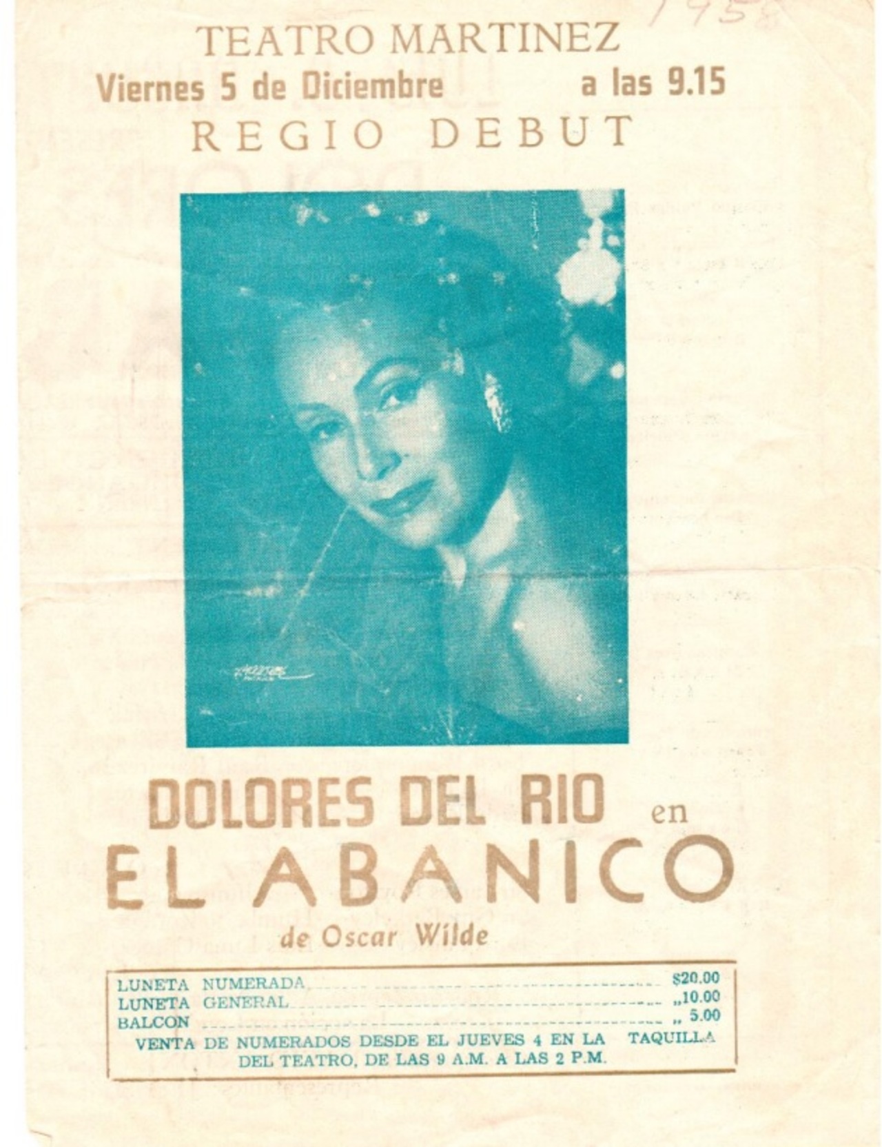 Programa de la función El Abanico, presentada el 5 de diciembre de 1958, en el Teatro Martínez.