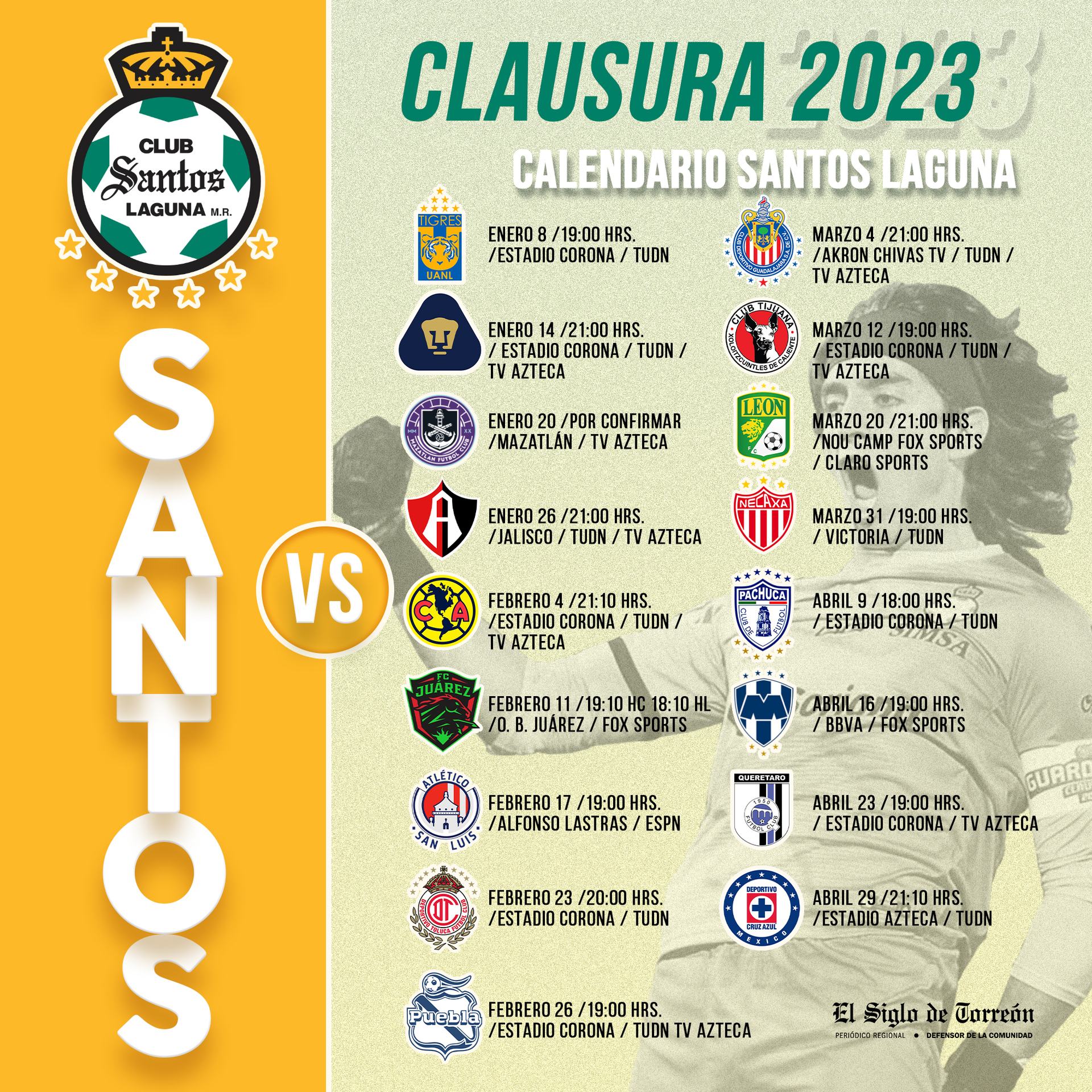 O Santos Laguna apresentou o seu calendário para o Clausura em