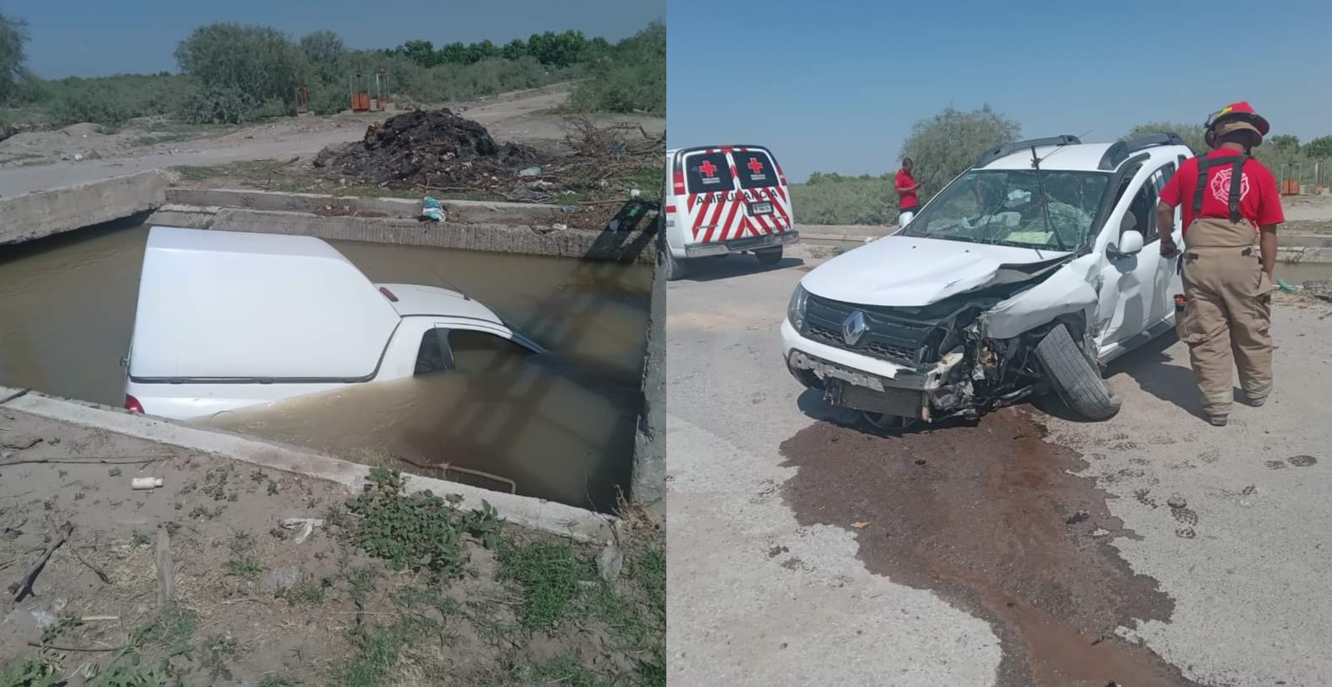 Chocan camionetas en San Pedro y una cae en canal de riego