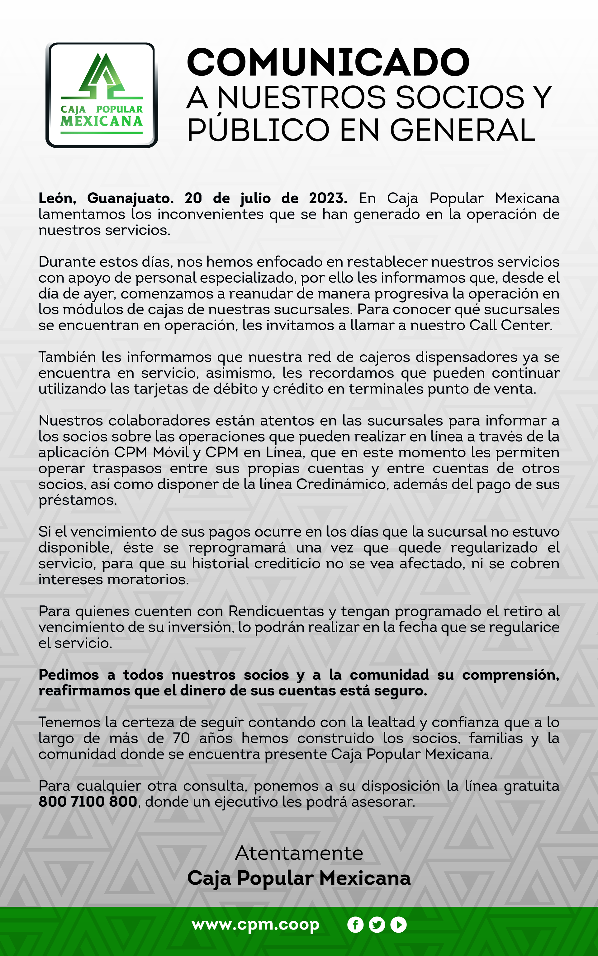 COMUNICADO A NUESTROS SOCIOS Y PÚBLICO EN GENERAL: CAJA POPULAR MEXICANA