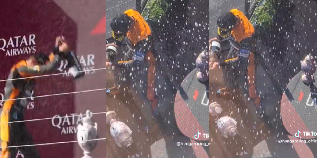 Lando Norris rompe trofeo de Max Verstappen durante su festejo en el Gran Premio de Hungría