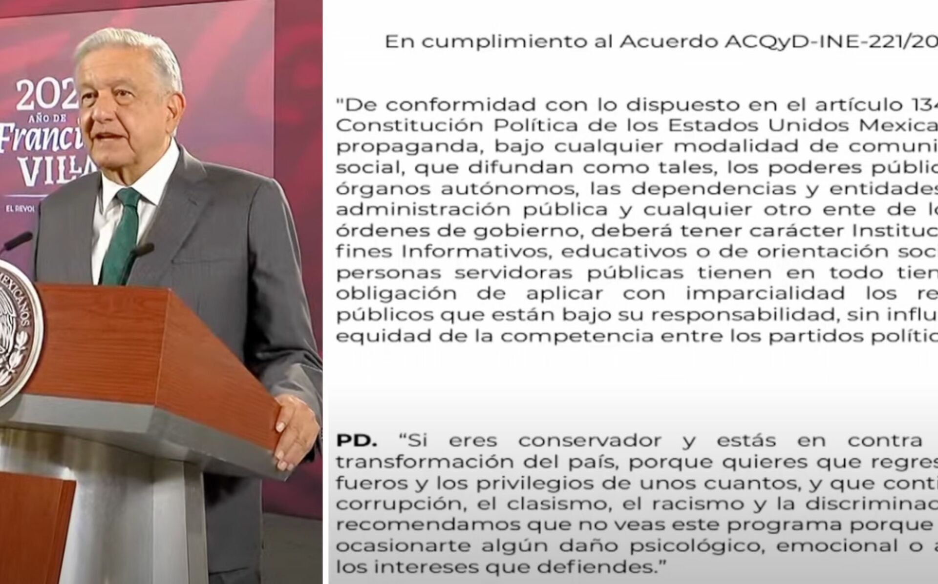 AMLO cumplió su amago y respondió a las medidas cautelares impuestas por el INE, colocando una cortinilla con un mensaje al inicio de su mañanera.