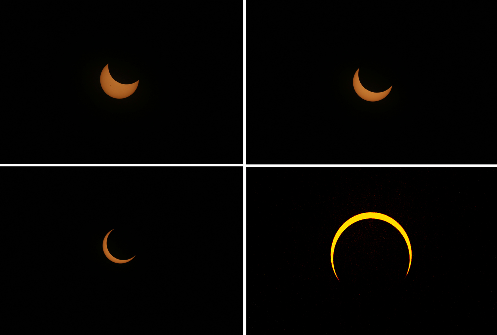 Combo de fotografías que muestra hoy la secuencia del eclipse solar anular, denominado “el anillo de fuego”, desde la ciudad de Mérida en el estado de Yucatán (México). EFE/Lorenzo Hernández