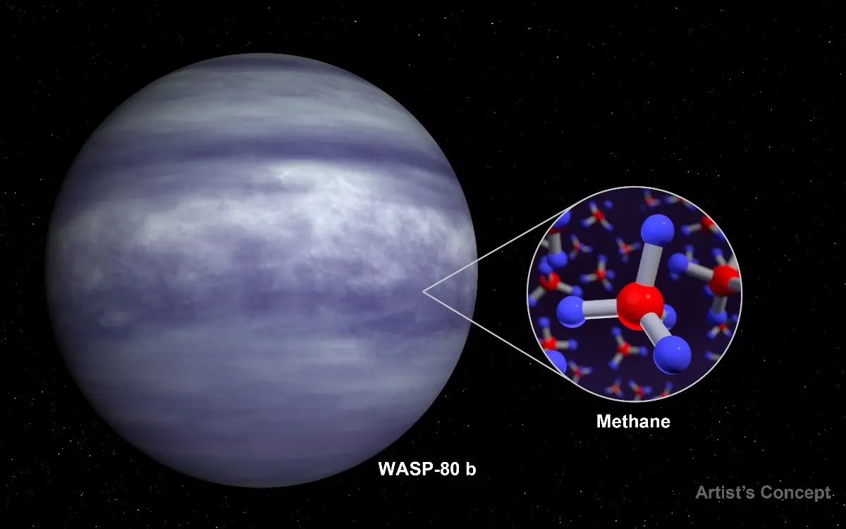 Con una temperatura de unos 825 kelvin (alrededor de 1.025 grados Fahrenheit), WASP-80 b es lo que los científicos llaman un 'Júpiter cálido'.  (NASA)
