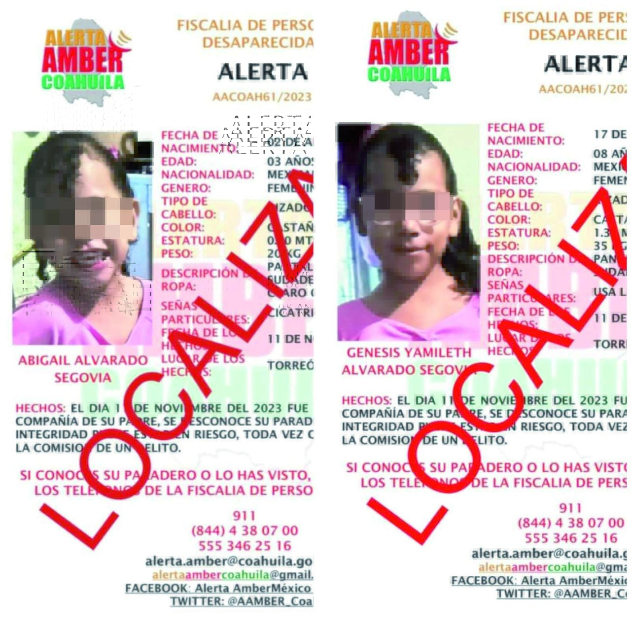 Desactivan Alerta Amber tras la localización de Abigail, de 3 años y Yamileth, de 8 años de edad.