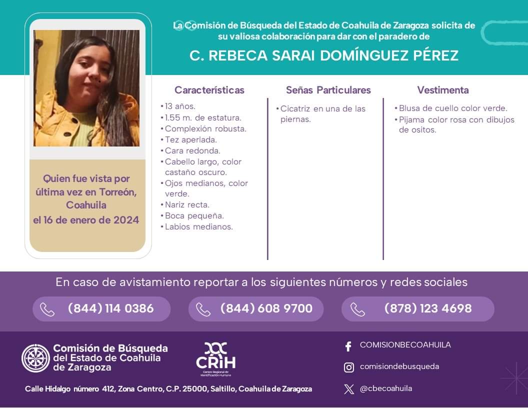 Una menor de edad se encuentra desaparecida en Torreón; fue vista por última vez el pasado 16 de enero.
