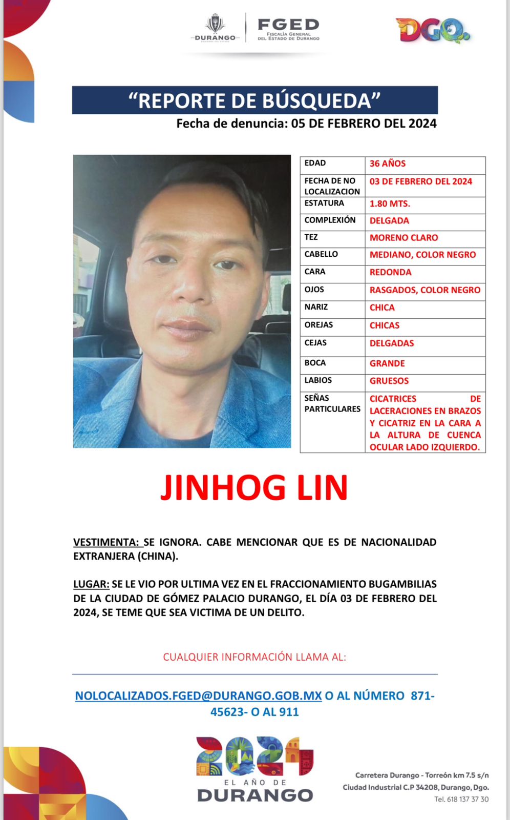 Fiscalía de Durango emite ficha de búsqueda de ciudadano chino  visto por última vez en Gómez Palacio