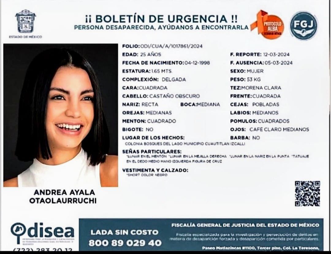 Ficha de búsqueda de Andrea Ayala Otaolaurruchi. (ESPECIAL)