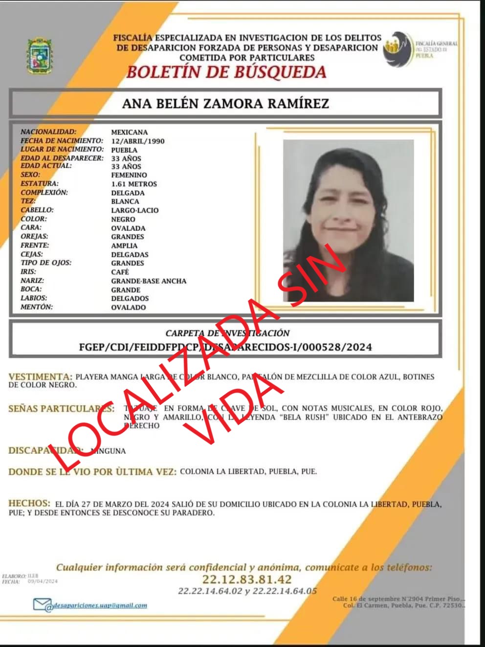 Ficha de búsqueda de Ana Belén Zamora de 33 años, también conocida como la rapera Bela Rush. (ESPECIAL)