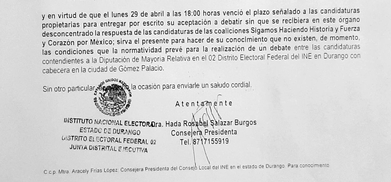 En el oficio número INE/02CD-DGO/0325/2024, Salazar Burgos asegura que venció el plazo pero ninguna de las coaliciones mandó respuesta a la invitación a debatir que mandó el INE.