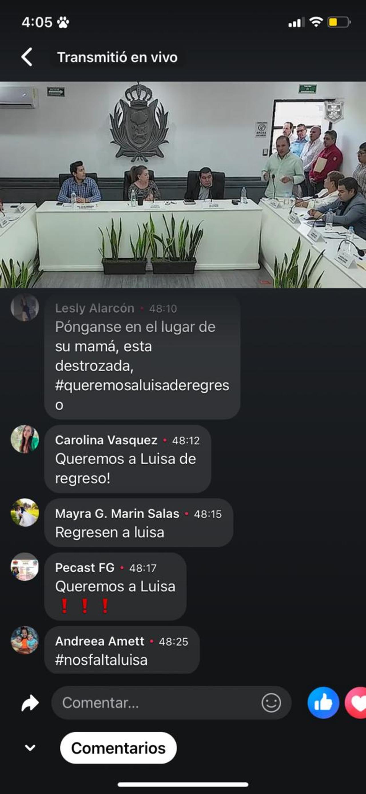 En transmisión de la sesión de Cabildo, distintos usuarios pidieron apoyo para encontrar a Luisa.