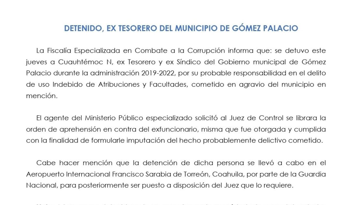 Fiscalía anticorrupción de Durango confirma detención de extesorero de Gómez Palacio