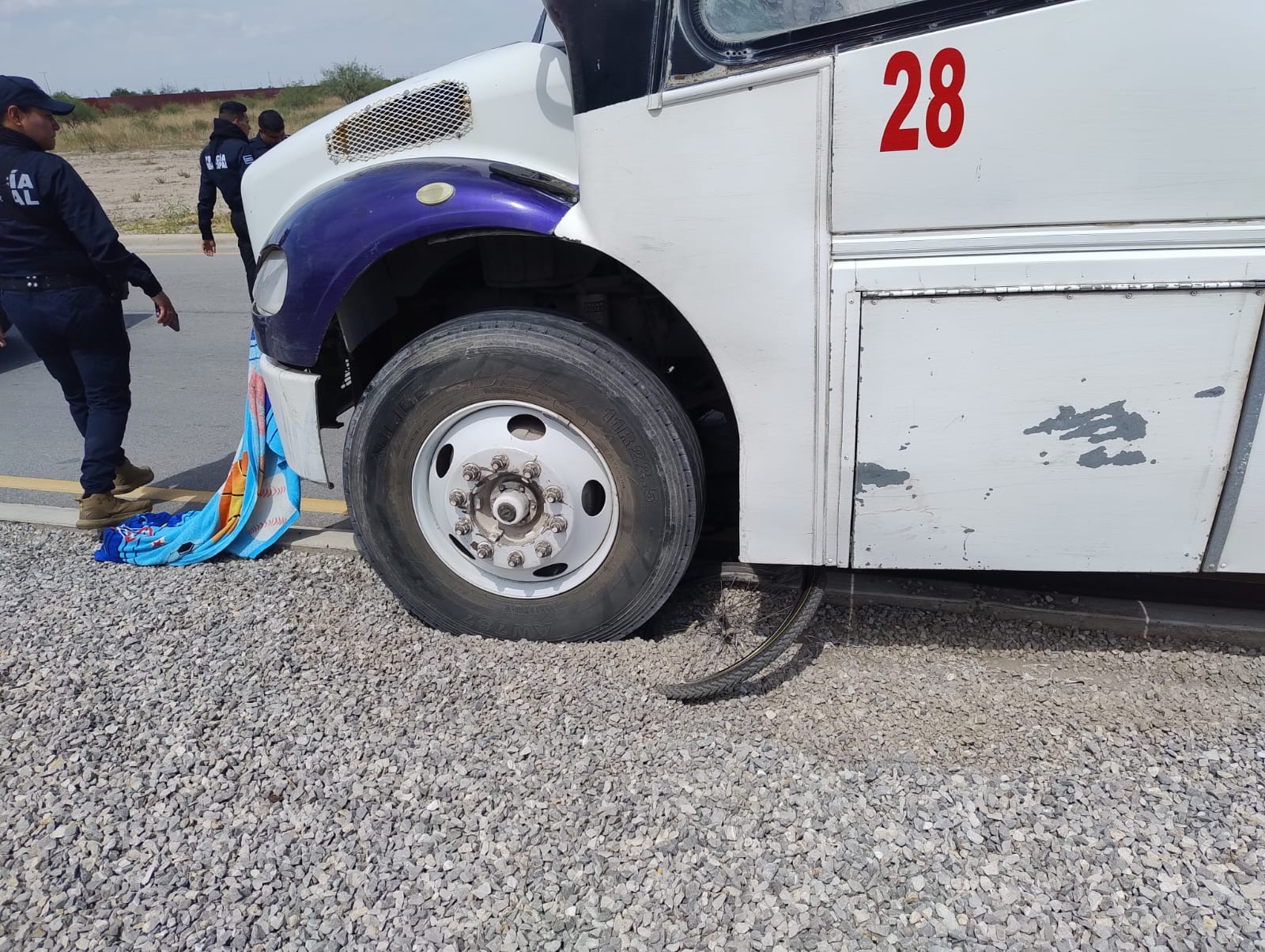 Autobús de la marca Freightliner, color blanco, modelo 2015, con número económico 28