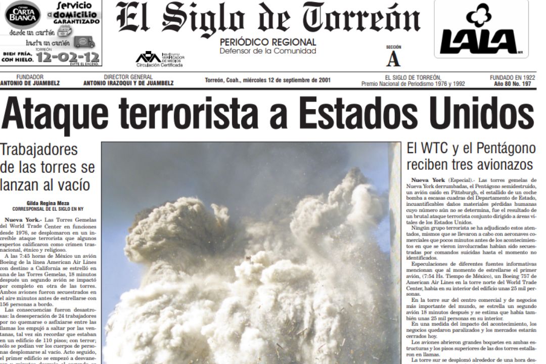 Esta fue la portada de El Siglo de Torreón un día después de la caída de las Torres Gemelas