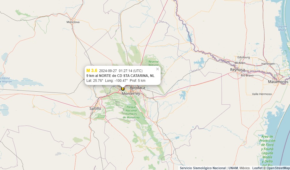 Sismo sacude a Santa Catarina en Nuevo León 