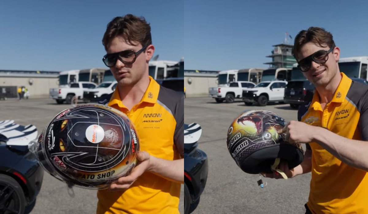 Pato O’Ward muestra el casco que usará para las 500 millas de Indianápolis