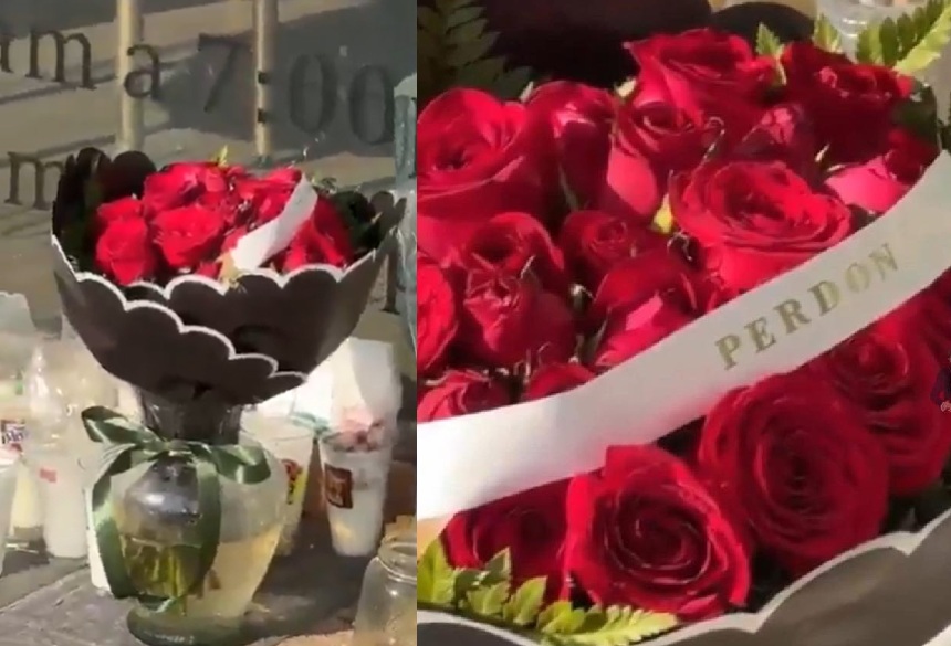 Ramo de flores afuera de la estética de Valeria Márquez (ESPECIAL) 