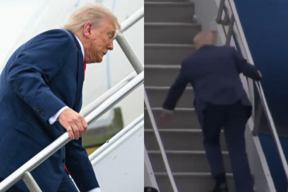 Donald Trump tropieza al subir al Air Force One y redes lo comparan con Joe Biden