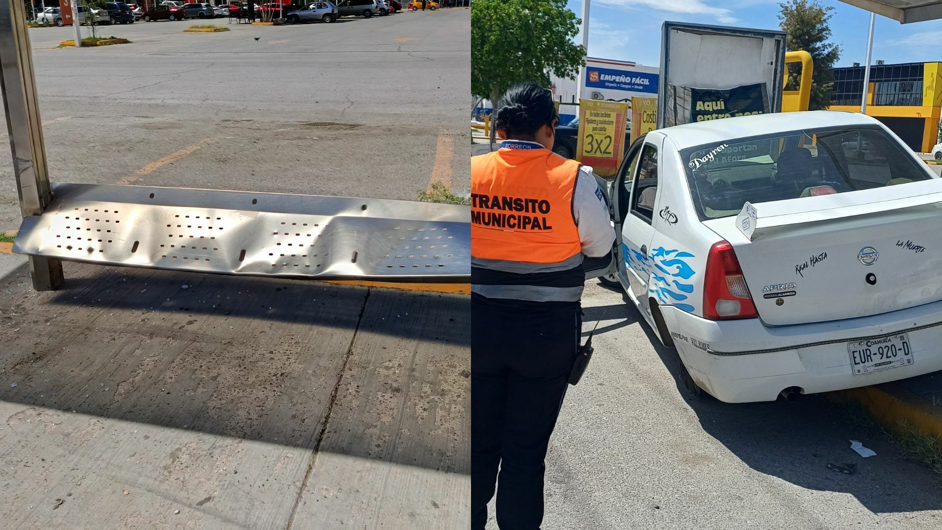 Vehículo impacta parada de autobús tras caer en alcantarilla abierta en Torreón