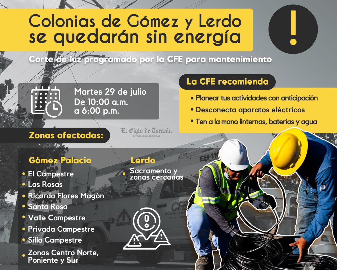 Gómez Palacio y Lerdo permanecerán sin energía eléctrica por ocho horas