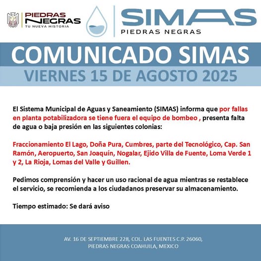 Fallan plantas potabilizadoras de SIMAS Piedras Negas deja sin agua 14 colonias